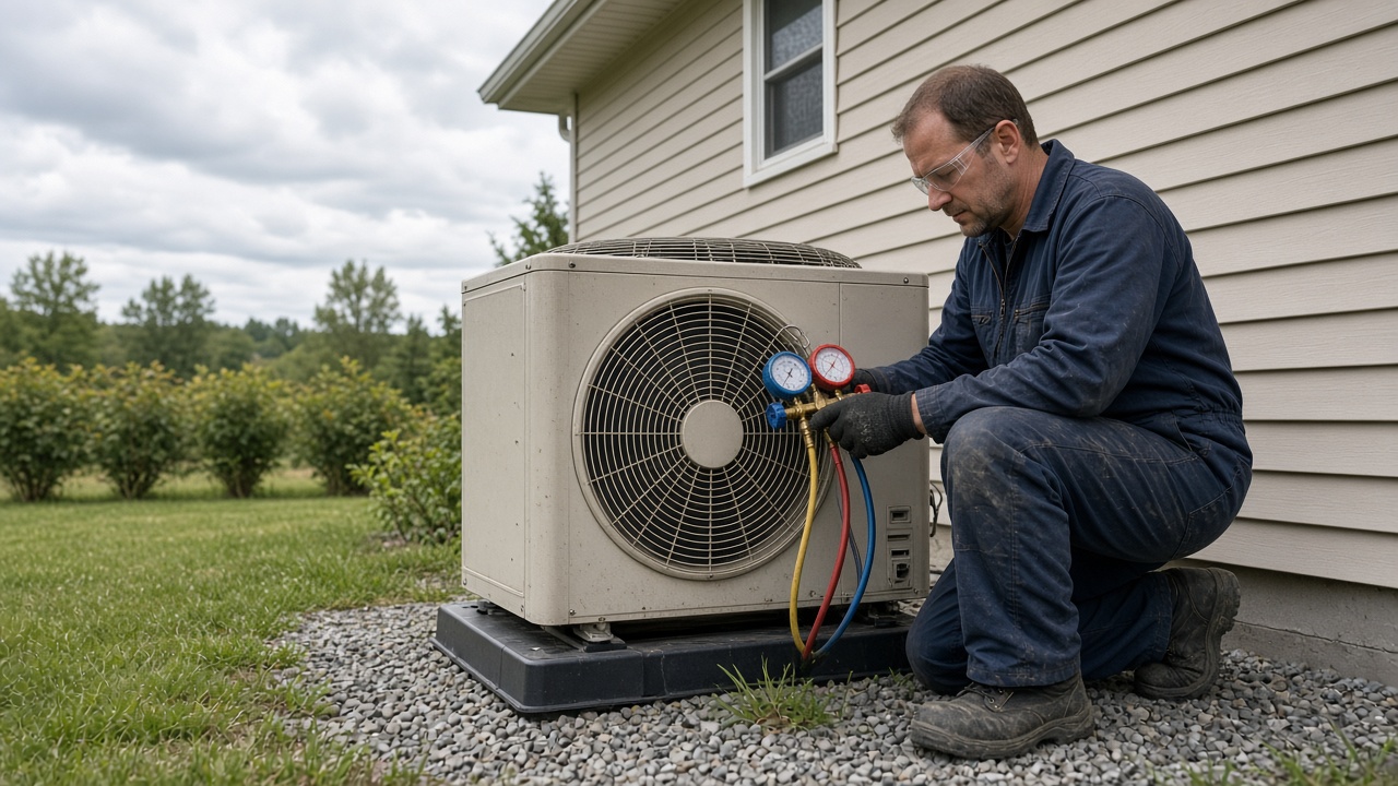HVAC technician servicing an outdoor air conditioning unit